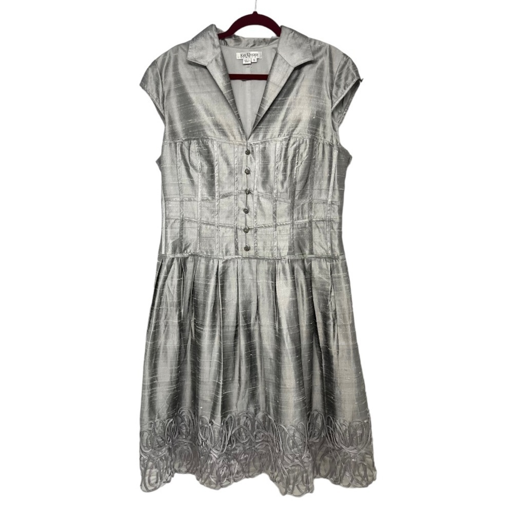 Kay Unger New York Silk Silver Crystal Button Pleat Skirt A-Line Dress Womens 16